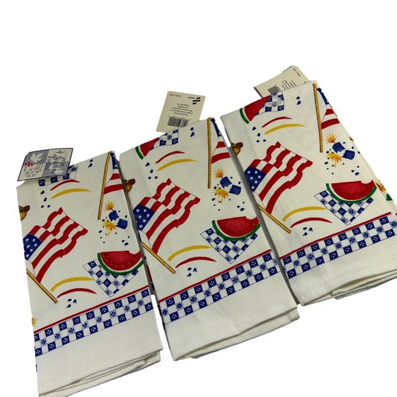 Skillcraft Set 3 Kitchen Dish Tea Towels Patriotic 4th of July Flags Watermelon - Picture 2 of 5